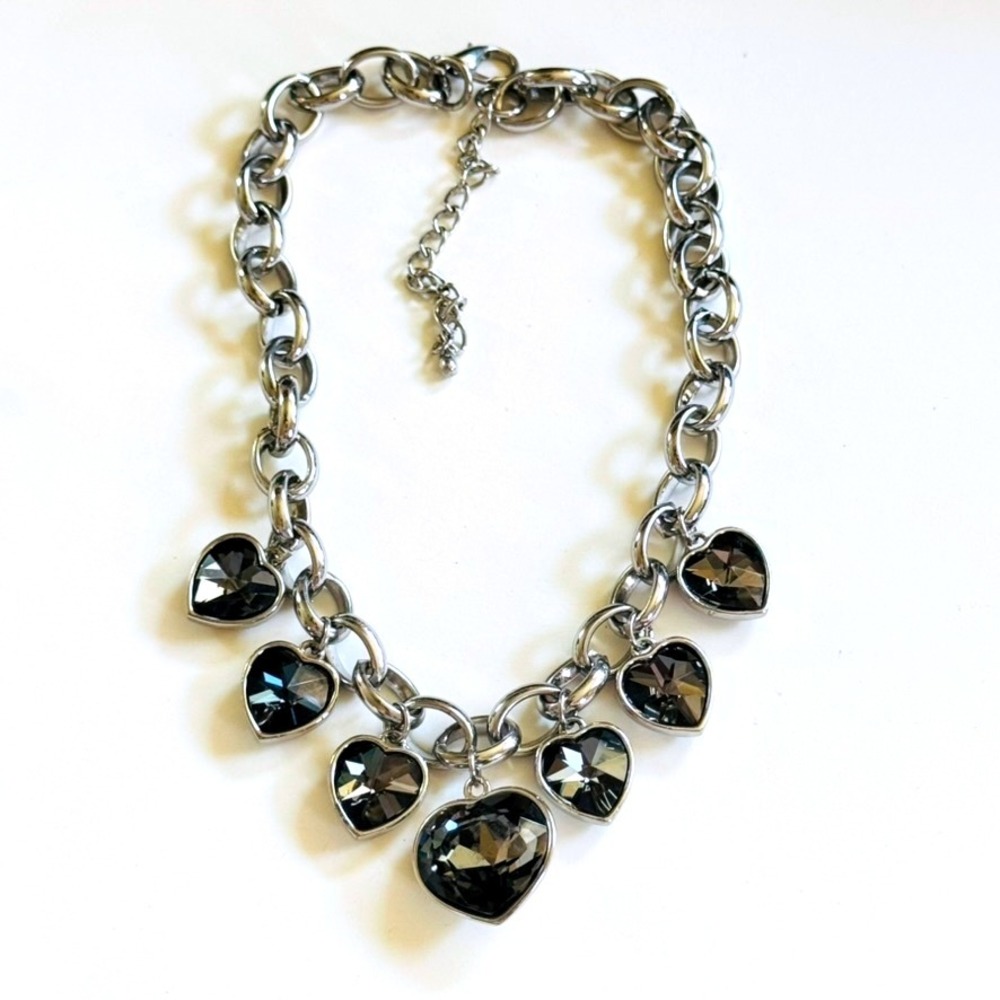 VTG Y2K Heart crystal dangle club punk necklace silver tone bold link chain 19"